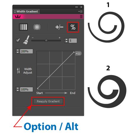 WIDTHSCRIBE Panel, when using Reapply button: Option+Alt Retains the selected path s width markers when reapplying a relative adjustment gradient, to multiply the effect of the gradient rather than