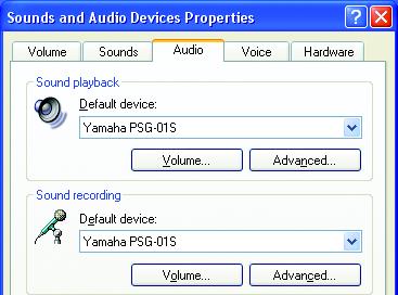 "Default device" in "Voice plaback": Yamaha PSG-01S "Default device" in "Voice recording": Yamaha PSG-01S