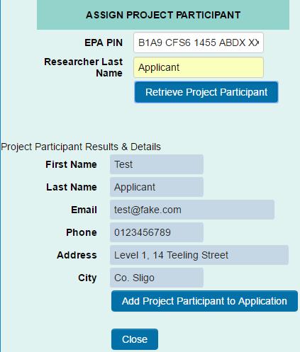 6. If this information is correct, please click on the Add Project Participant to Application button. 7. A confirmation pop-up window will appear on the screen as shown. 8.