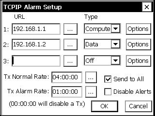 10 URL Type Tx Normal Rate Tx Alarm Rate Send to All Disable Alerts The TCPIP Alarm Setup dialog, showing the Normal and Alarm TCPIP reporting properties TCPIP alarm reporting was introduced in Xpert