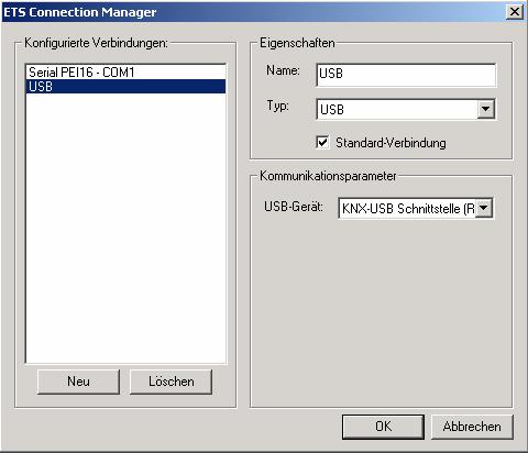 By pressing the Connect with device button, the interface configuration window used in ETS appears: Set the individual interface parameters in this window and confirm with OK.