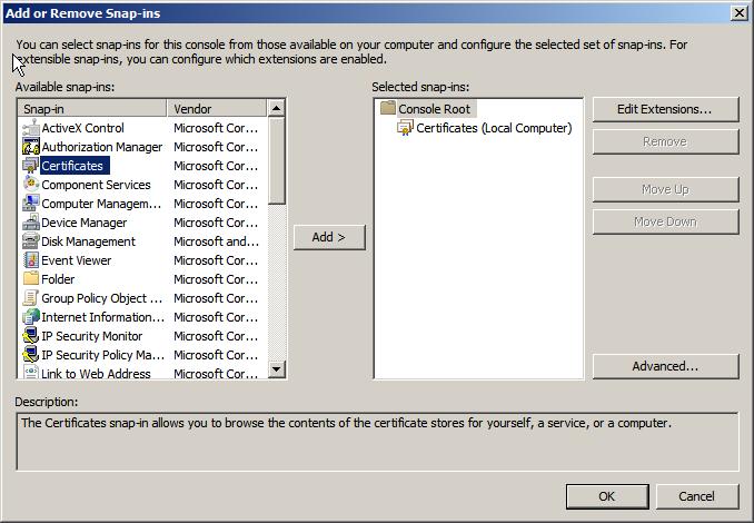 VCM Backup and Disaster Recovery Guide Import HTTP Certificates Add the Certificate snap-in to the Microsoft Management Console to import your HTTP certificates. Procedure 1.