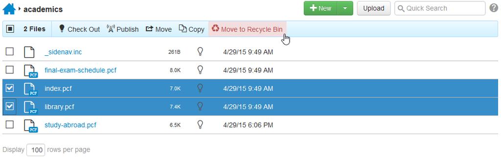 Files that are checked out to another user, sent to another user for approval, or scheduled to be published by another user cannot be recycled.