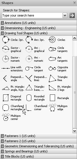 Workig with Egieerig Drawigs 30 FIGURE 30-1 The shapes o the Drawig Tool Shapes stecil provide shortcuts for drawig may types of commo geometric costructios.