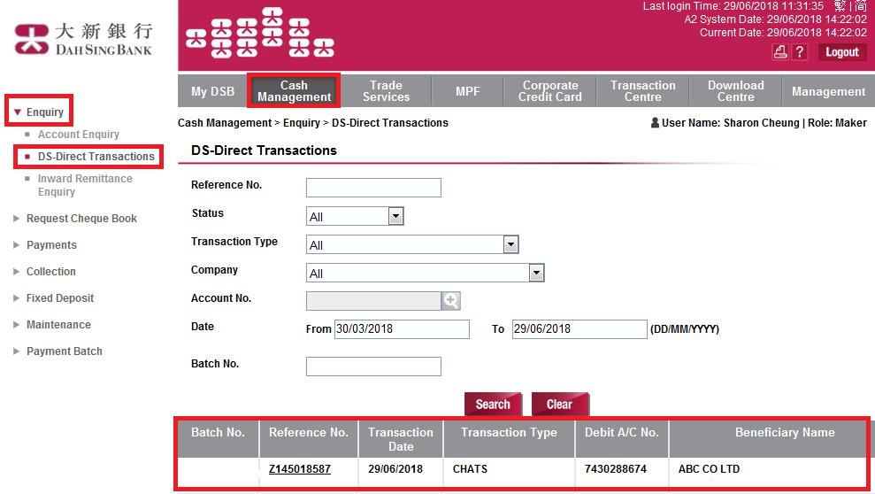 DS-Direct Transaction Enquiry To view the status of DS-Direct transactions