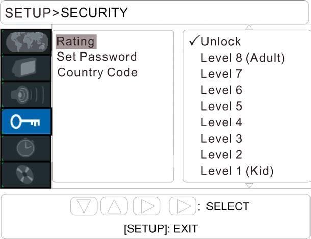 SETTINGS AVAILABLE IN THE SETUP MENU Security menu Use directional keys to move cursor and press enter key to confirm change. Rating varies according to different country setting.