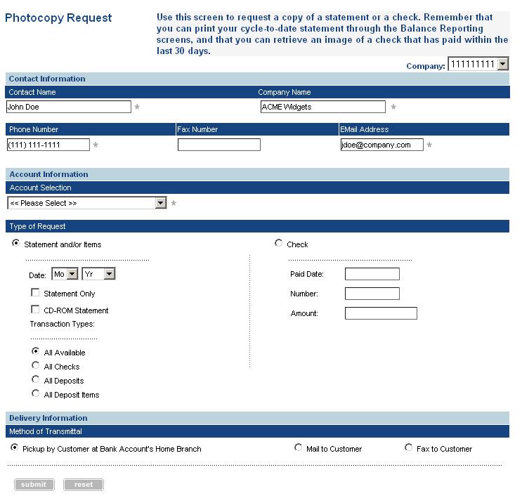 Online Service Requests The Photocopy Request screen is a convenient way for you to request a copy of a statement or check.