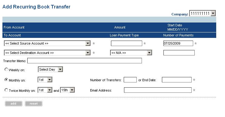Scheduled Transfer By selecting Add Recurring Book Transfer you can set up a transfer to happen at the frequency you want to pay a loan or transfer between deposit