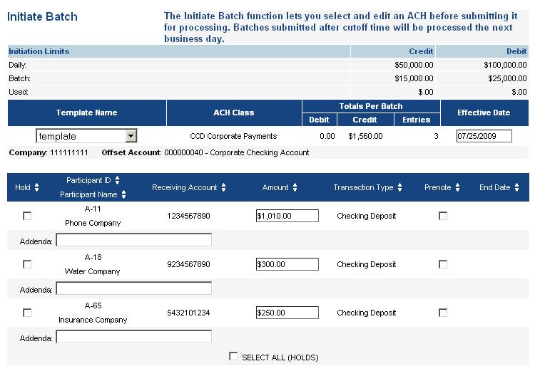 Initiate Batch: When you are ready to send this batch out for collection of funds or to send payroll you simply go to the Initiate Batch screen, choose your template (top left) & effective date (top