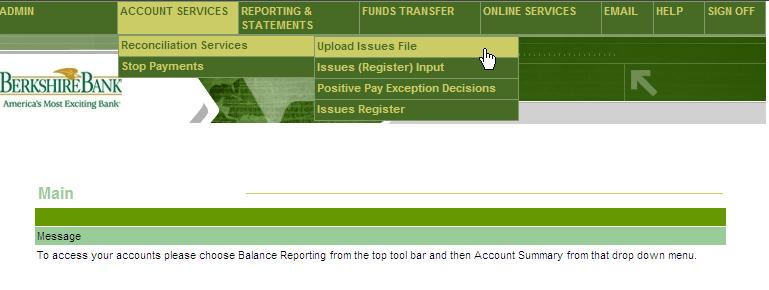 Positive Pay Check File specifications and import instructions BUSINESS SOLUTIONS STANDARD CHECK ISSUE FORMAT (CSV) Column A is the account number with no spaces Column B is the issue date (MMDDYY or