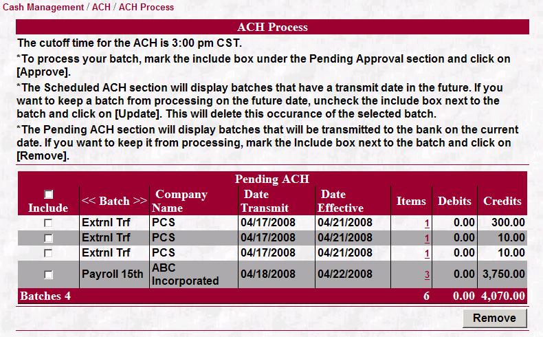 The Pending ACH section contains ACH batches, imported batches and external transfers that have a current Date Transmit and will be released to you for processing.