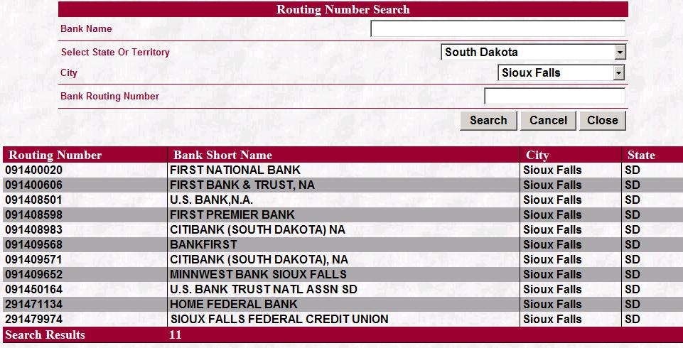 1-38 Once the customer has their search results they can click on one of the routing numbers and it will populate this bank information on the Wire List screen and the search screen will close.
