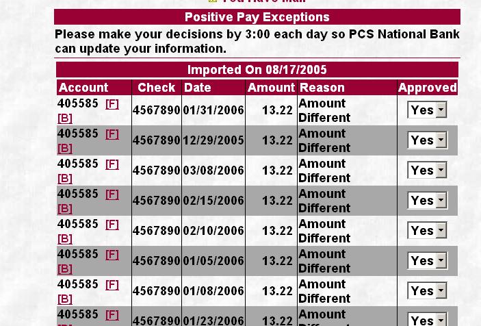 1-50 Positive Pay Exceptions **This feature is for Vision banks that have contracted for Account Reconciliation.