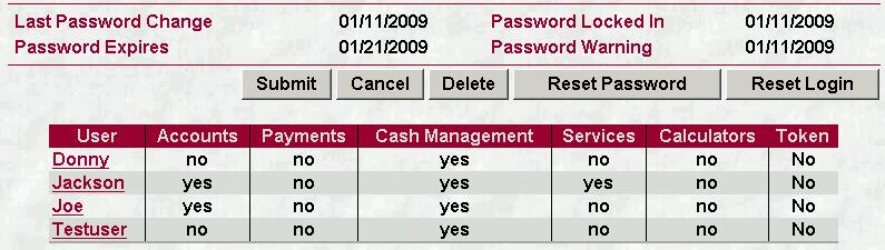 Once a user is selected from this list the password aging information will display at the bottom of the screen.