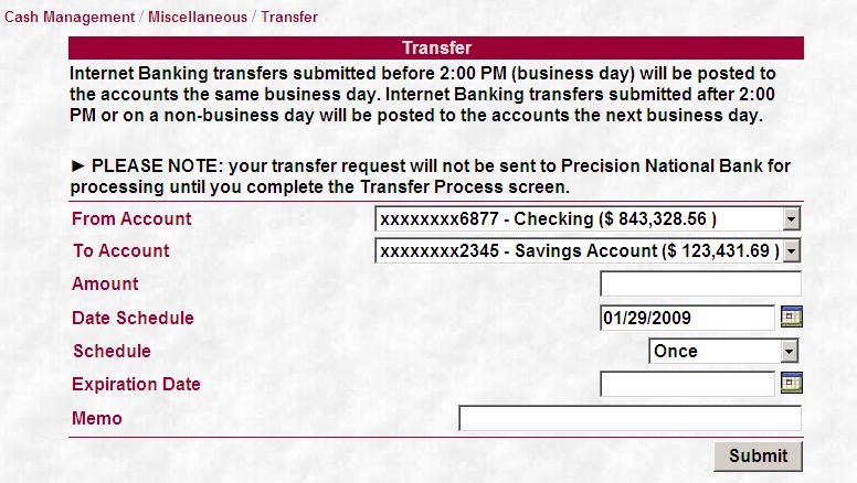 1-64 Transfer The Cash Management Transfer screen allows customers to have a separation of duties for transfers made by