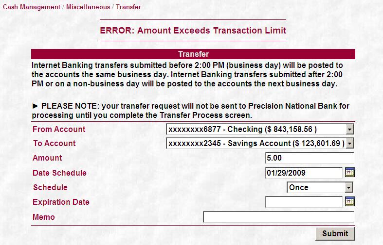1-66 Cash Management Transfer Risk Limits The Transfer screen will check the Risk Limit that was set up for the user.
