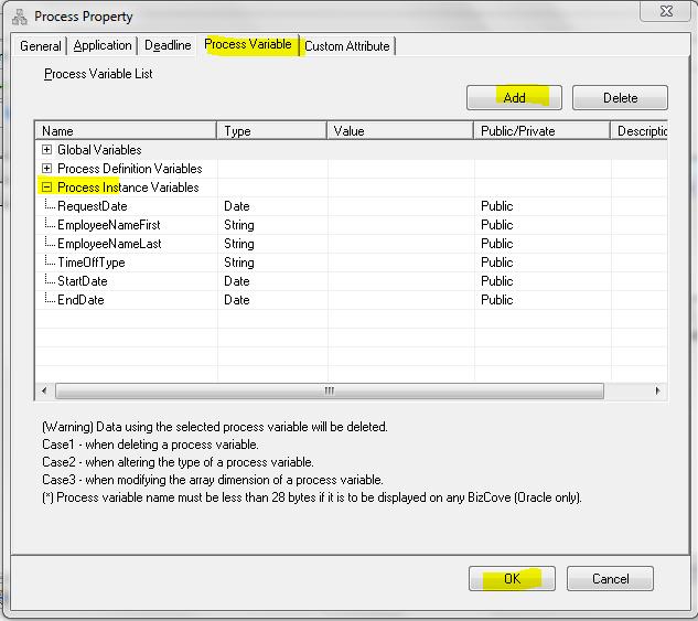 3. Add each process variable as shown above then click OK.