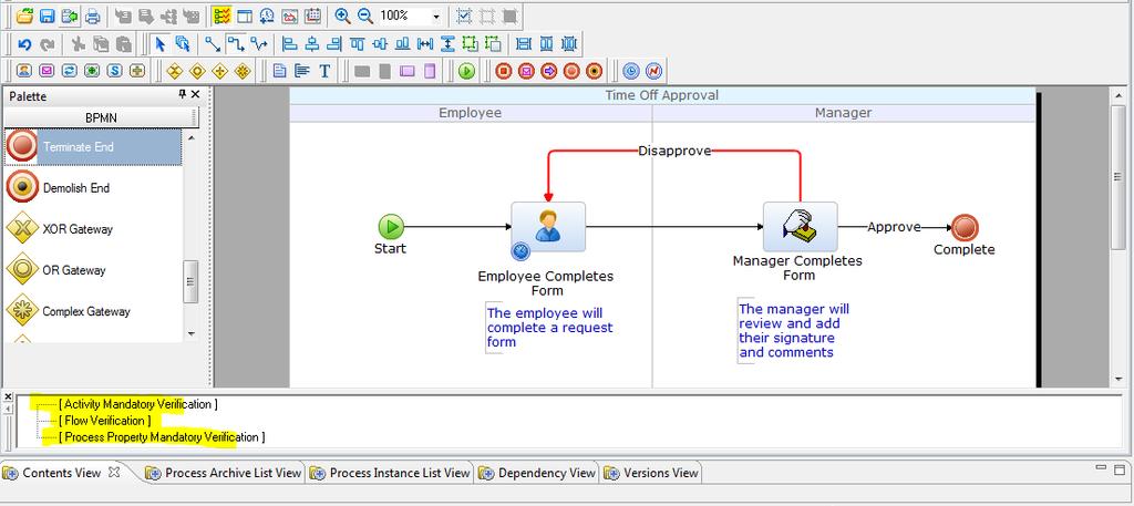 6. Verify the Model will work by clicking the verify icon on the process modeler menu.