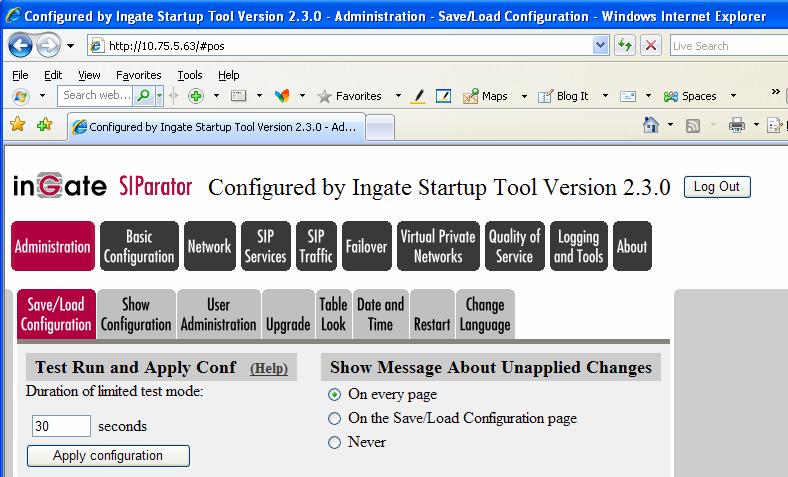 7. Apply Configuration After uploading the configuration, the Startup Tool opens a web browser to the Administration Save/Load Configuration page of the SIParator.