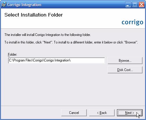 Figure 4: Corrigo recommends choosing the default installation folder 11. Click Close when you receive a message stating that installation is complete.