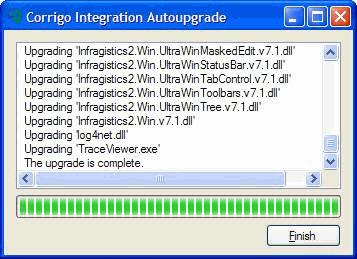 Figure 5: If a newer version of the Corrigo Integration Client exists, you will be prompted to upgrade (top). Click Finish when done (bottom). Once the upgrade is completed, click Finish.