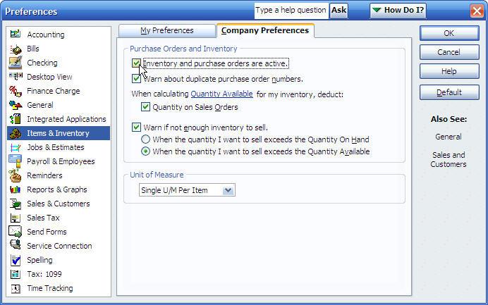 Figure 7: In QuickBooks, go to Edit > Preferences > Items & Inventory > Company Preferences and check Inventory and purchase orders are active in order to synchronize inventory items with Service