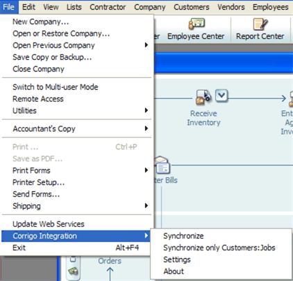 Figure 10: Select File > Corrigo Integration > Settings within QuickBooks to manually launch the Initial Synchronization Setup Wizard Vista Users Note: If Corrigo Integration does not appear in your