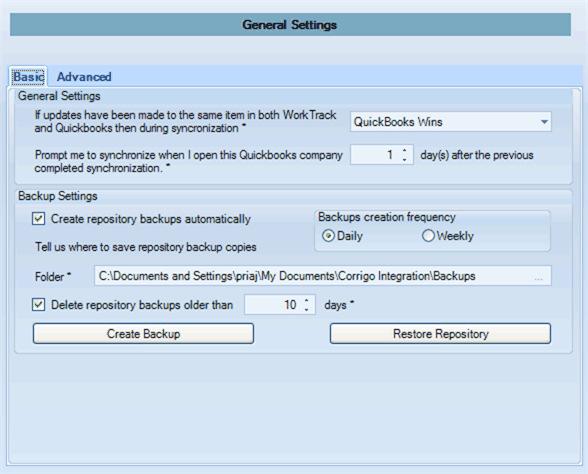 General Synchronization Settings Basic Settings Figure 11: Basic General Settings screen of the Initial Synchronization Setup Wizard General Settings: You will be asked how the integration client