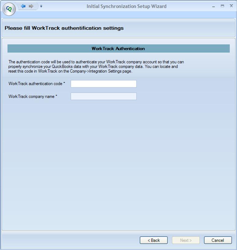 WorkTrack Login Settings On the next screen, enter the Authentication code and WorkTrack Service Management company name.