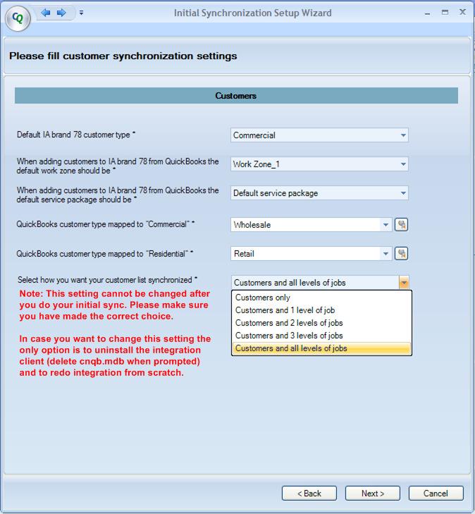 Figure 15: Customer Synchronization Settings For Customers Imported from WorkTrack Service Management into QuickBooks: Assign