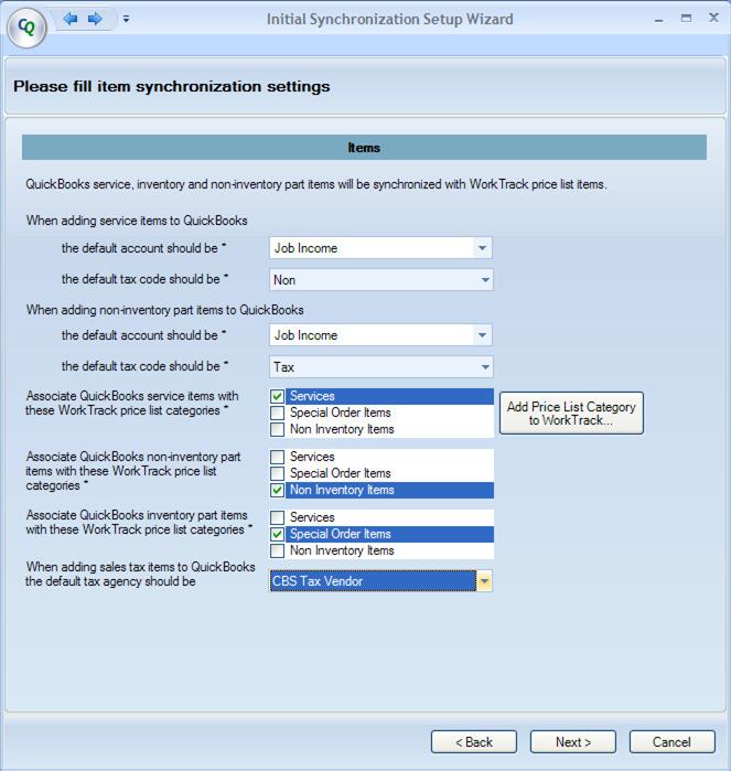 QuickBooks Customer and Jobs WorkTrack Customer and Sites Belmont Store Item Synchronization Settings On the next screen, you will select defaults for service, non-inventory, and inventory part items.