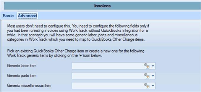 Figure 19: Invoice Advanced settings screen You will be required to do the Advanced settings only if you had used WorkTrack system without QuickBooks integration turned on for a while.