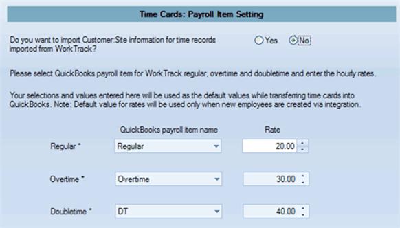 Figure 20: Time Card synchronization settings screen Configure Import of Customer:Site along with time records Do you want to import Customer:Site information for time records imported from WorkTrack?