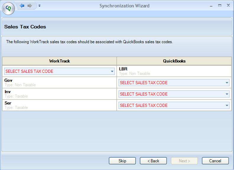 Figure 23: Sales Tax Code Reconcile grid Left column indicates all the sales tax codes you have defined in WorkTrack Service Management and the right column indicates all