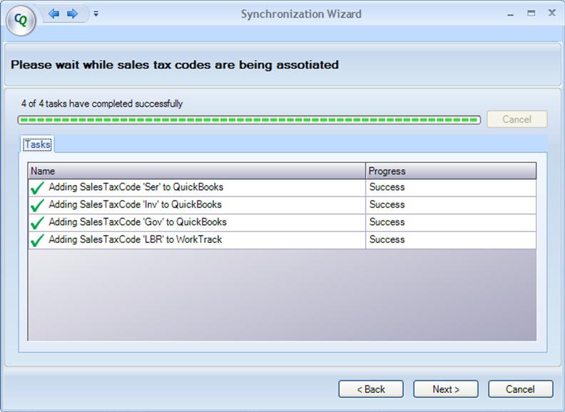 Figure 25: Sales Tax Codes sync in progress Successful association of Tax code is displayed in the progress screen.