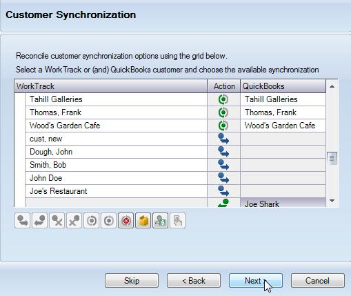 Figure 31: Corrigo Integration Client Customer synchronization grid The synchronization action that will be taken with each item is listed in the Action column as an icon.