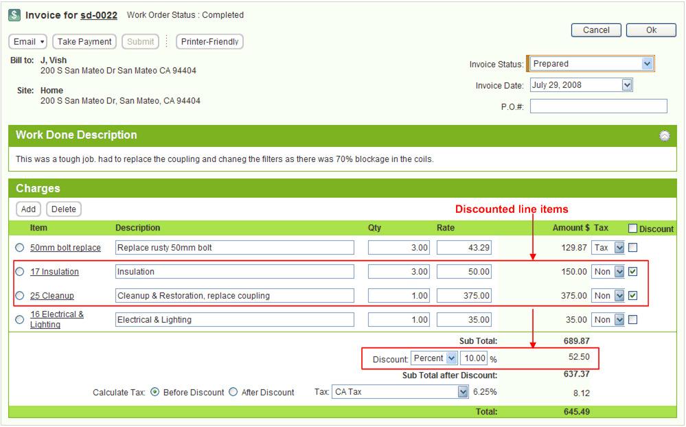 Figure 39: Invoice details screen showing discount line
