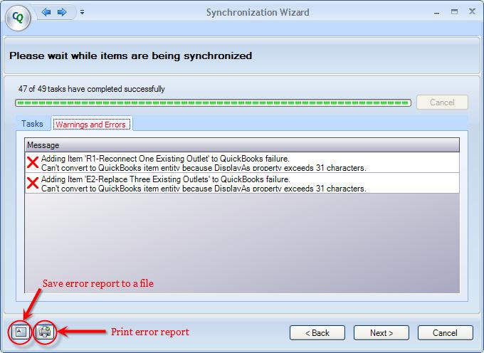 Figure 43: Error messages during customer synchronization If errors occur during synchronization, the Warnings and Errors screen will appear once a particular stage of the synchronization process is