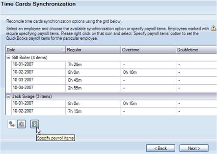 Once the employee associations have been made, click Next to start the Retrieval of approved Time Cards. The next screen to appear will be the Time Cards Synchronization.