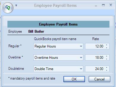 Figure 47: Time Card Synchronization (above) and Specify payroll items edit screen (below) Click OK when payroll items have been edited. Click Next to complete synchronization.
