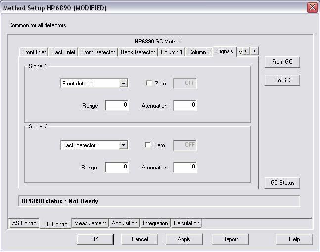 Caution! Using the Control Module Use the upper tabs in the Method Setup - GC Control dialog to set or modify the GC control parameters.