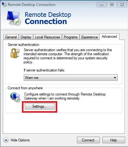 Click Show Options to show all options for remote desktop connections. 4. Click the Advanced tab (Figure 11). Figure 11: Remote Desktop Configuration Advanced Tab 5.