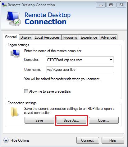 Enter VSP\<your user ID> in the User name field. Then, click Save As and save the settings to an xxx.rdp file for later use (Figure 14). Figure 14: Remote Desktop Save Profile 9.