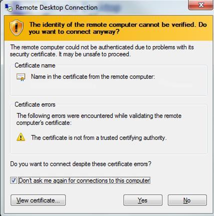 Figure 17: Remote Desktop Connection Security Certificate Authentication 12.