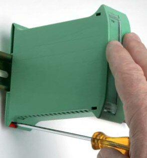 Figure 1 DIN Mounting The unit can be dismounted from the DIN rail by using a screwdriver to release the red tab whilst lifting the unit upwards from the mounting rail.