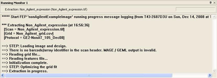 5 Run Feature Extraction on nonagilentexampleimage project. Note: The Running Monitor window shows the progress of each extraction set.