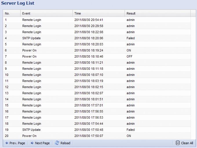 3.7.3 Server Log To quickly search the system logs you want by event type, click Prev.