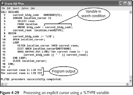 Explicit Cursors (continued) Declare explicit cursor syntax: CURSOR cursor_name IS select_query; Open explicit cursor syntax: OPEN cursor_name; Fetch values using LOOP EXIT WHEN loop: LOOP FETCH