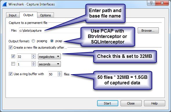 a "ring buffer" capture, which grabs the network data in a number of smaller, more manageable, capture files, and automatically deletes the oldest data. Select the Output tab.