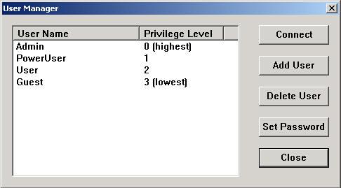 C. User Manager You can add or delete user and setup user s privilege level and password.